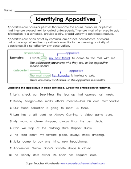 Identifying Parts of Appositives Free Worksheet