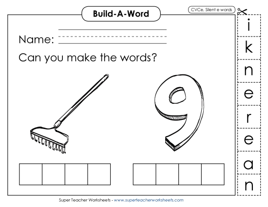 Build-a-Word: Rake and Nine Phonics Silent E Worksheet