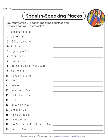 New Word Scramble: Spanish-Speaking Places Worksheet New Word Scramble: Spanish-Speaking Places Worksheet
