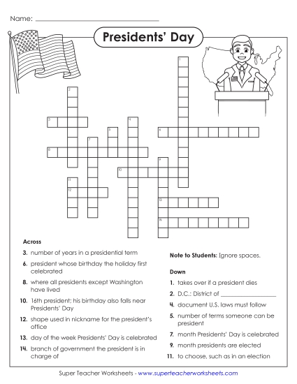 New Presidents' Day Crossword Puzzle Worksheet