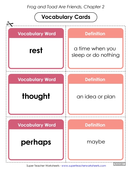 Vocabulary Cards for Chapter 2 Book Frog And Toad Worksheet