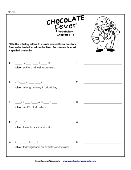 Vocabulary for Chapters 5-6 Book Chocolate Fever Worksheet