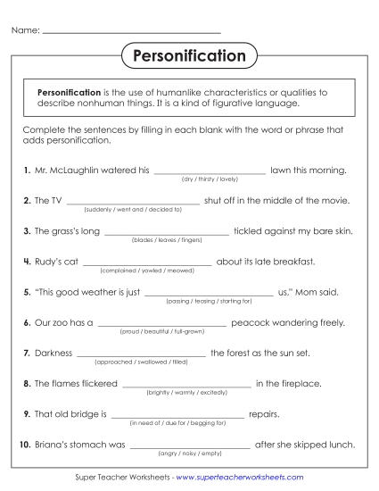 aPersonification Fill-in-the-Blank