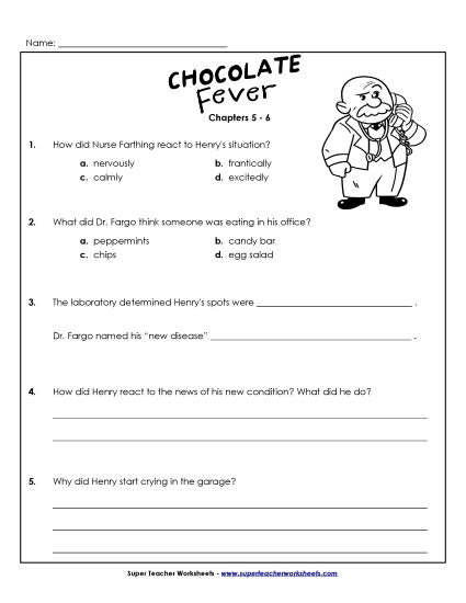 Questions for Chapters 5-6 Book Chocolate Fever Worksheet