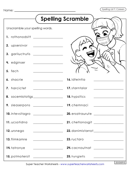 Word Scramble (Careers) Spelling F Worksheet