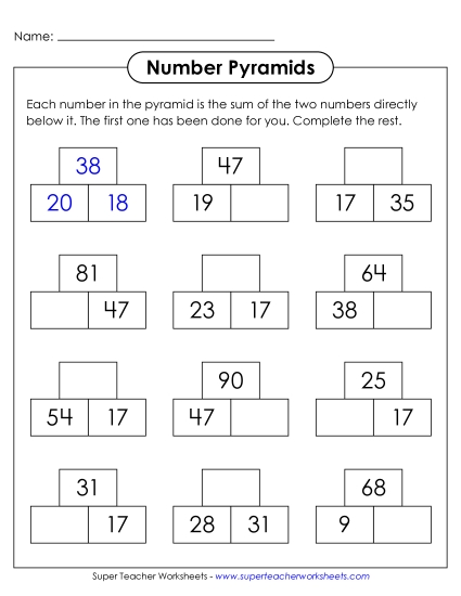 New Number Pyramids (Sums to 100) Worksheet New Number Pyramids (Sums to 100) Worksheet