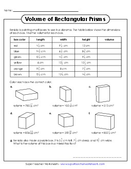 Rectangular Prism Volume Table (Fractions) Geometry Worksheet