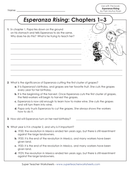 New Questions for Chapters 1–3 (Esperanza Rising) Worksheet