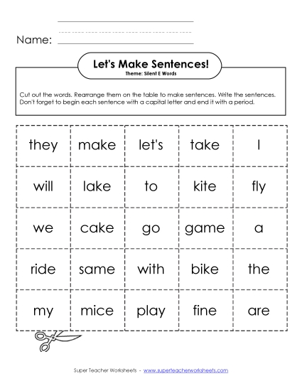 Sentence Building Cards (Silent E) Phonics Silent E Worksheet