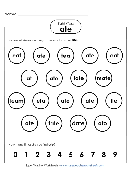 Dab or Color: Ate Sight Words Individual Worksheet