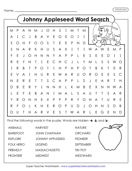 New Johnny Appleseed Word Search (Advanced) Worksheet