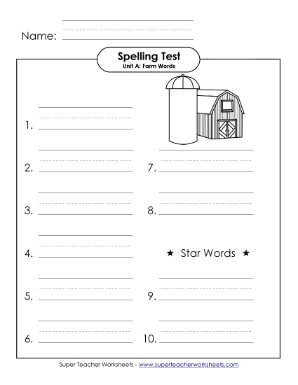 Spelling Test (A-Farm Words)  Spelling A Worksheet