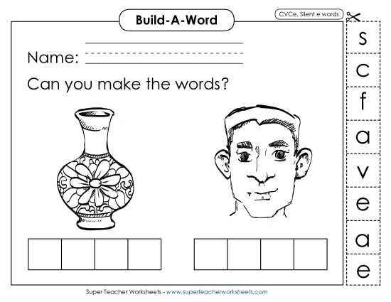 Build-a-Word: Face and Vase Free Phonics Silent E Worksheet
