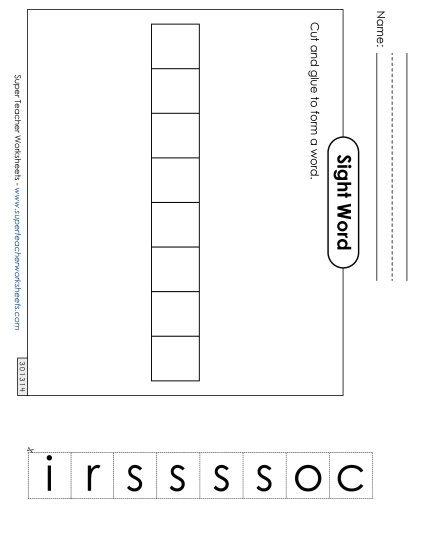 Large Cut-and-Glue: Scissors Sight Words Individual Worksheet