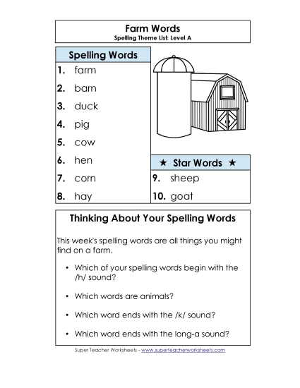 Spelling List (A-Farm Words) Spelling A Worksheet