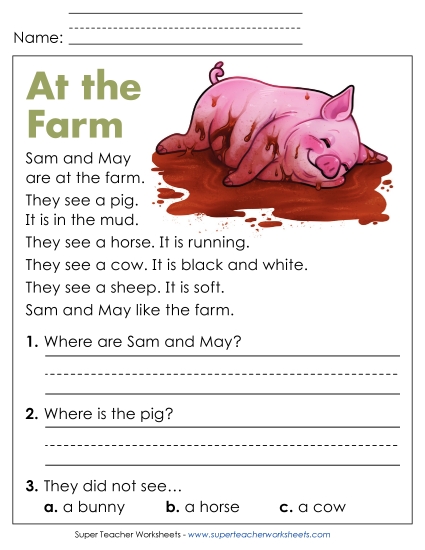 At the Farm Reading Comprehension Reading Comp Kindergarten Worksheet