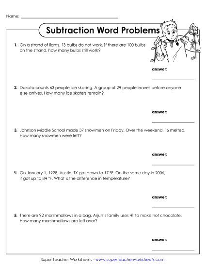 New Winter Word Problems (Subtraction within 100) Worksheet