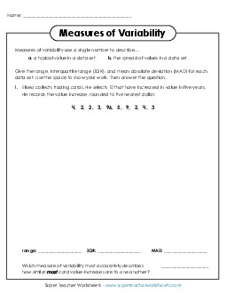 Finding Measures of Variability  Statistics Worksheet