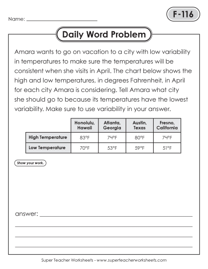 New Daily Word Problems<BR>F-116 through F-120 Worksheet