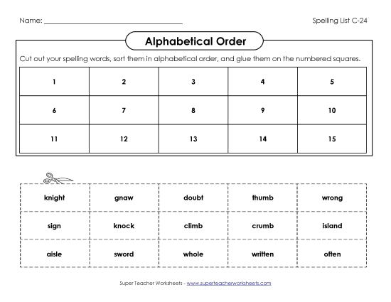 ABC Order: Cut-and-Glue (C-24) Spelling C Worksheet