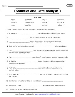 Statistics and Data Analysis Vocabulary Cloze Worksheet
