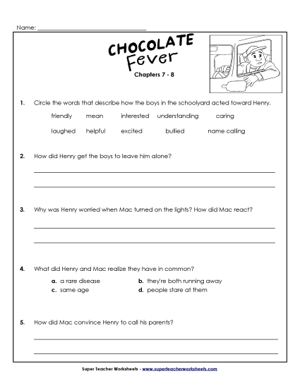Questions for Chapters 7-8 Book Chocolate Fever Worksheet