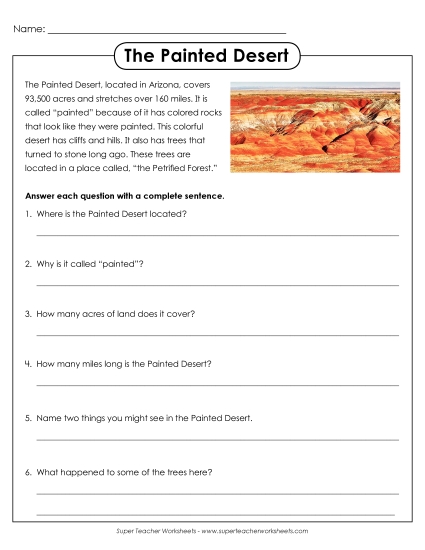 Painted Desert (Short Passage) 3rd Grade Reading Comprehension Worksheet