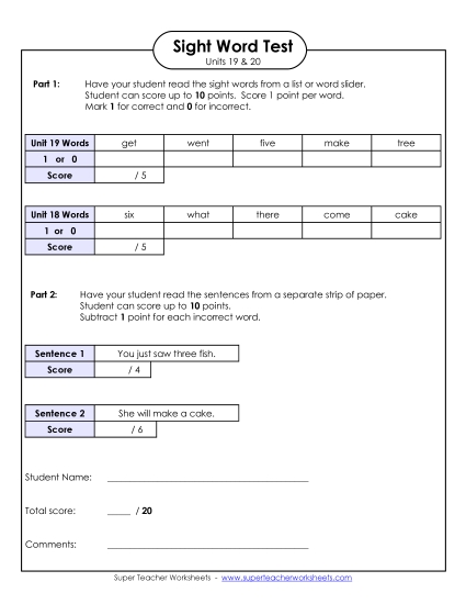 Biweekly Reading Test (Units 19 & 20)  Sight Words Worksheet