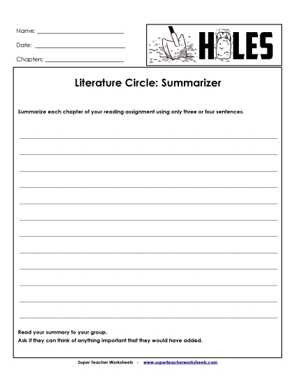 Lit. Circles: Summarizer  Book Holes Worksheet