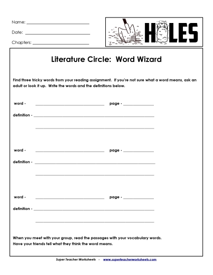 Lit. Circles: Word Wizard Book Holes Worksheet