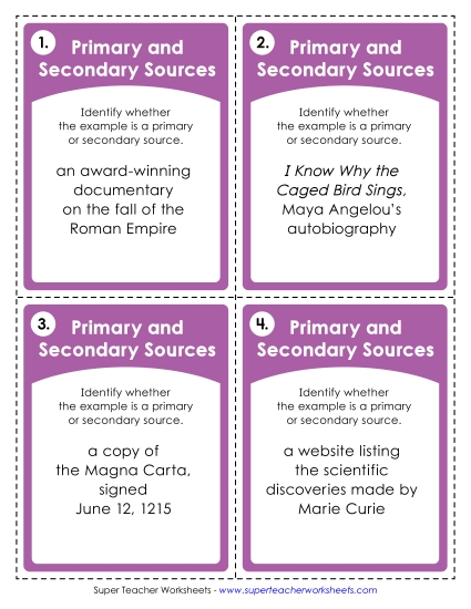 New Primary and Secondary Sources Task Cards Worksheet
