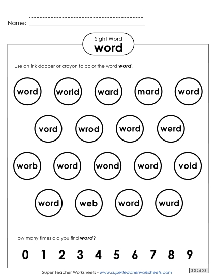 Dab or Color: Word Sight Words Individual Worksheet