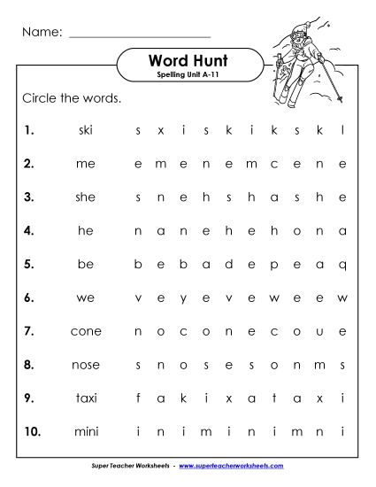 Horizontal Word Hunt (A-11) Spelling A Worksheet