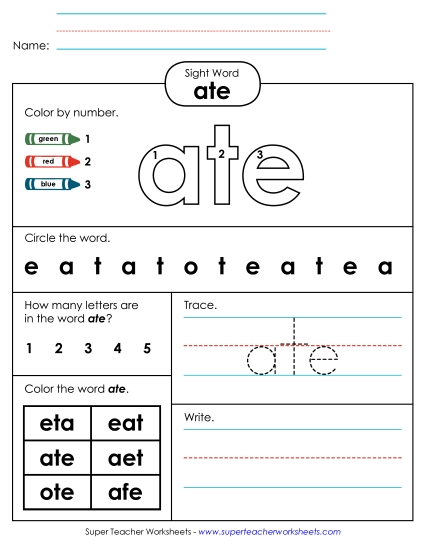 Worksheet 4: Ate Sight Words Individual Worksheet