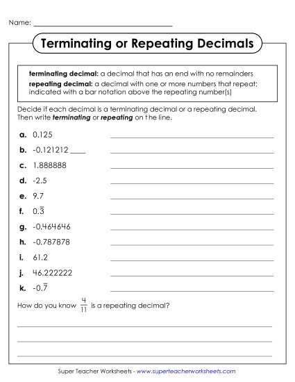New Terminating or Repeating Decimals Worksheet