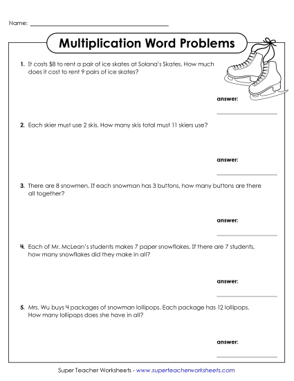 New Winter Word Problems (Basic Multiplication) Worksheet