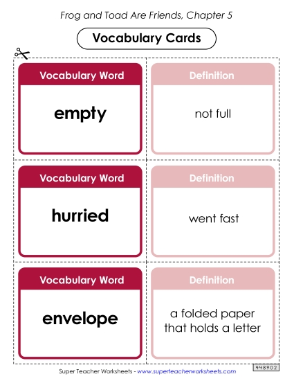Vocabulary Cards for Chapter 5 Book Frog And Toad Worksheet