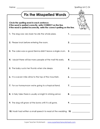 Fix the Mistakes (C-24) Spelling C Worksheet
