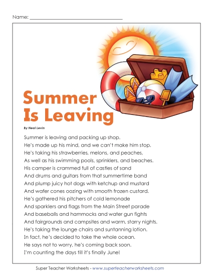 New Summer Is Leaving (Poem) Worksheet New Summer Is Leaving (Poem) Worksheet