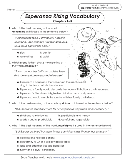 New Vocabulary Questions: Chapters 1 through 3 Worksheet