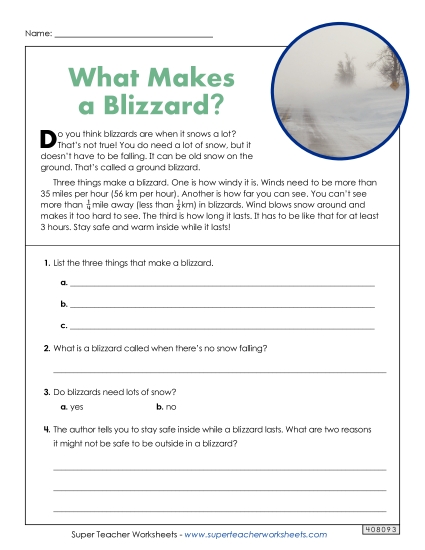 Blizzards (Short Article) Reading Comprehension Reading Comp Short Worksheet