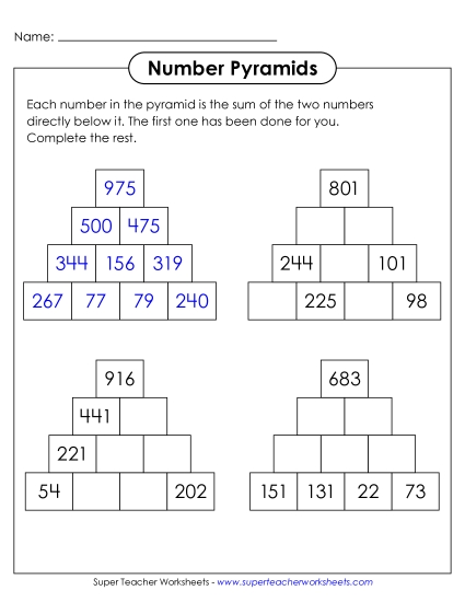 New Number Pyramids: 4 Rows, Top Number Given Worksheet New Number Pyramids: 4 Rows, Top Number Given Worksheet