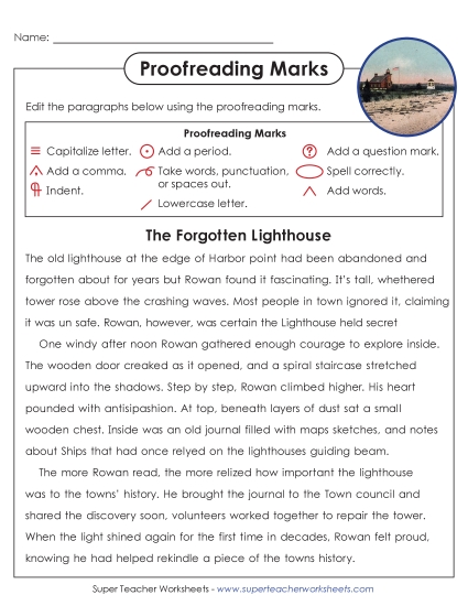 New Proofreading: The Forgotten Lighthouse Worksheet