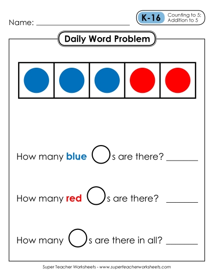 Daily Word Problems K-16 through K-20 Worksheet