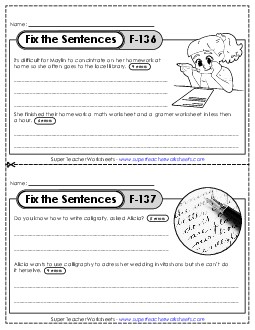 Fix the Sentences F-136 through F-140 Worksheet