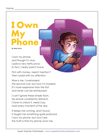 New I Own My Phone (Poem) Worksheet New I Own My Phone (Poem) Worksheet