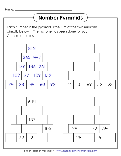 New Number Pyramids: 5 Rows Worksheet New Number Pyramids: 5 Rows Worksheet
