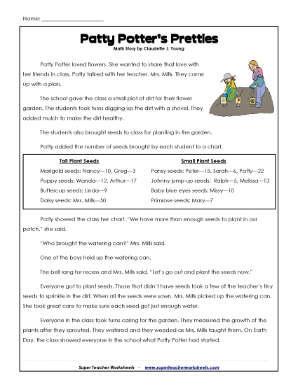 Math Story - Garden Word Problems Worksheet