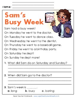 Sam\'s Busy Week Reading Comprehension Reading Comp Kindergarten Worksheet