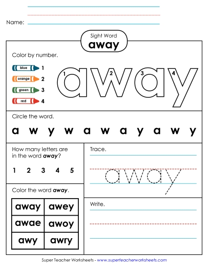 Worksheet 4: Away Sight Words Individual Worksheet
